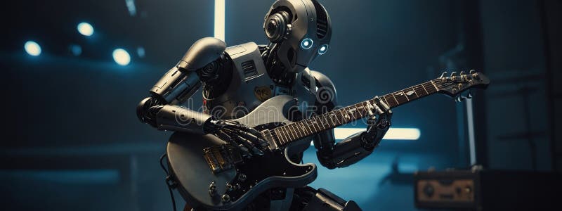 Robot Ai cântând la o chitară electrică vector illustration