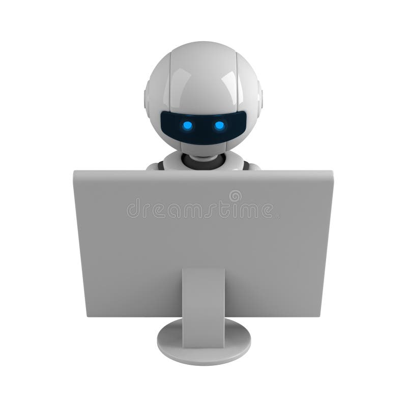 White robot sit with monitor vector illustration