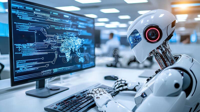 Robot Working on Computer. A white robot sits at a desk working on a computer, with a screen displaying code and a world map. The robot is dressed in a white suit, with a sleek and modern design