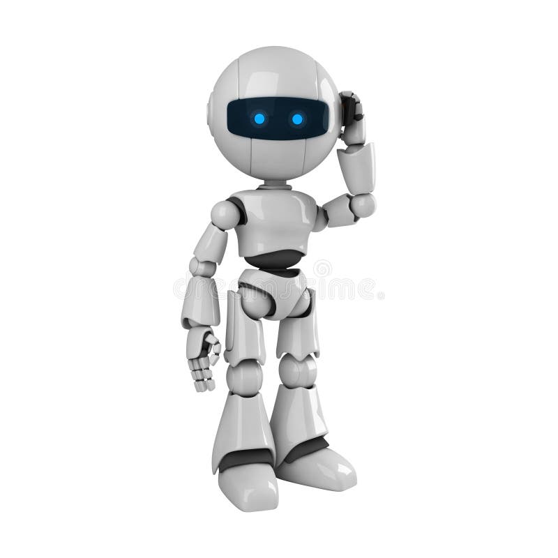 White robot talk on mobile phone