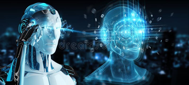 White robot using digital artificial intelligence head interface 3D rendering vector illustration.