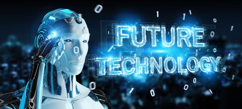 White robot using future technology text hologram 3D rendering vector illustration