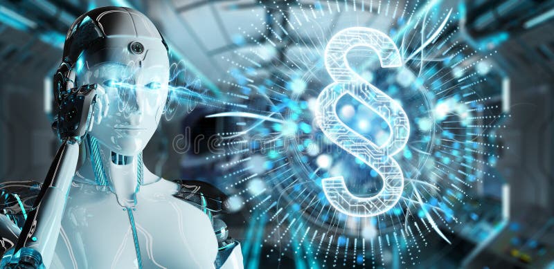 White robot woman using law paragraph digital hologram 3D render royalty free illustration White robot woman using law paragraph digital hologram 3D render royalty free illustration