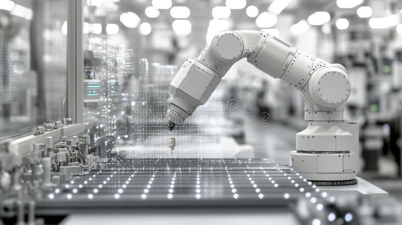 White robotic arm assembling intricate circuit boards stock illustration