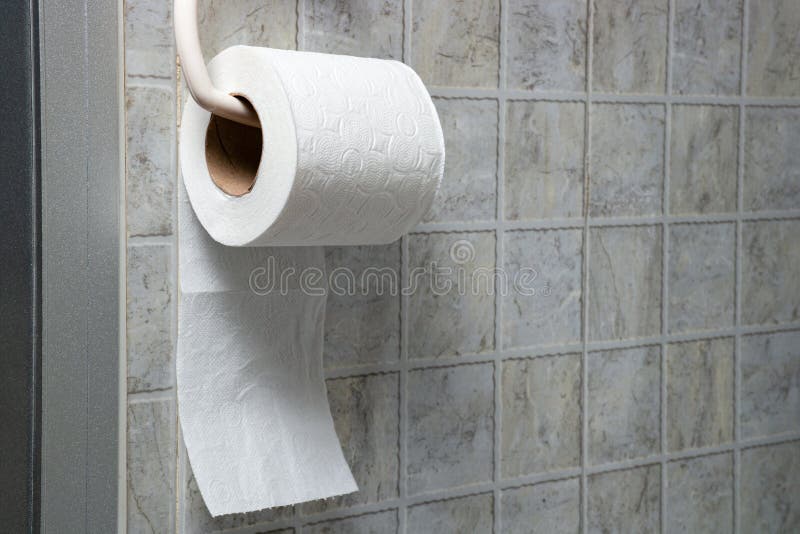 A Roll of Toilet Paper is Hanging on the Tile Wall in Toilet Stock