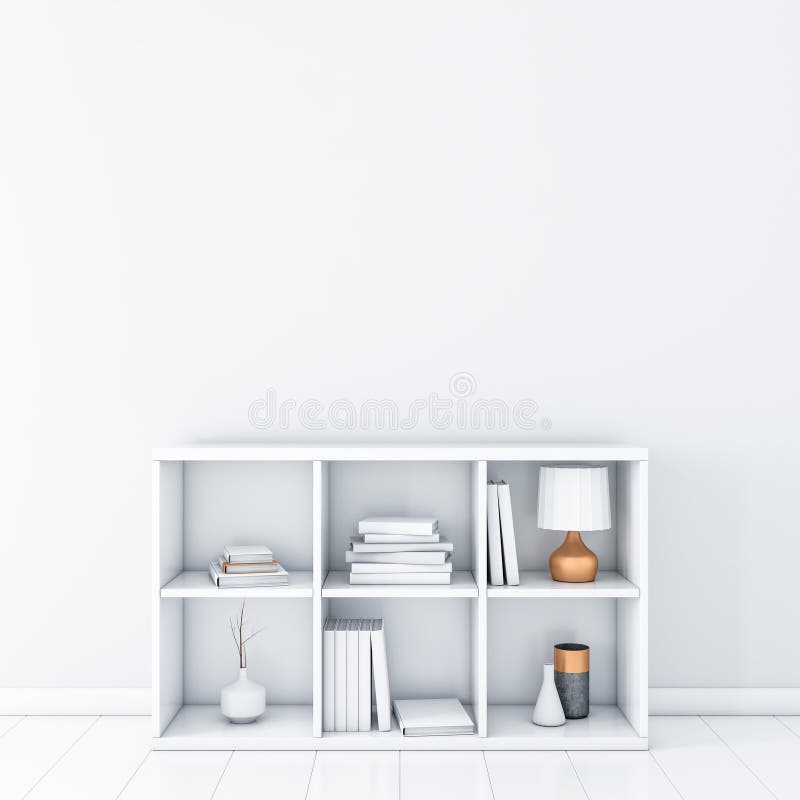 White Room With White Bookshelf Wall Mockup Stock
