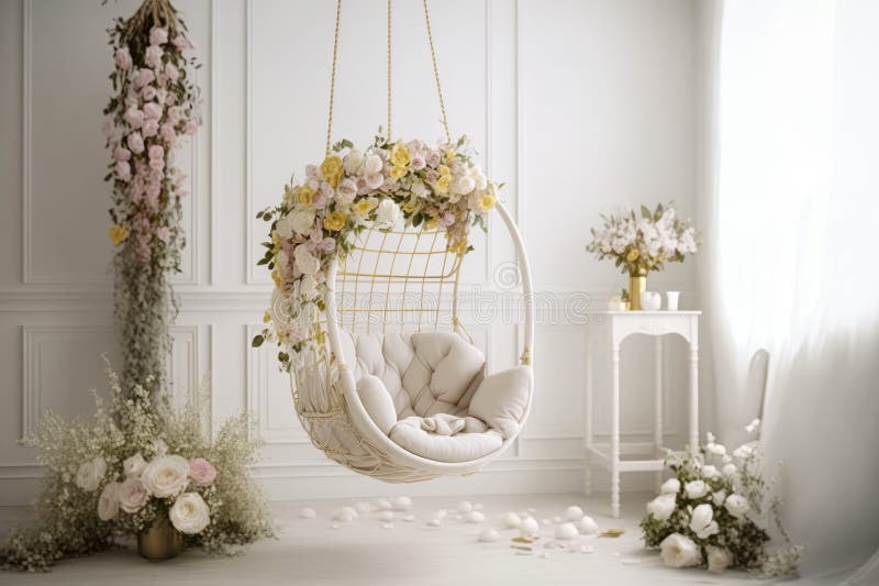 White Room with Hanging Chair and Flowers. Generative AI Stock Photo