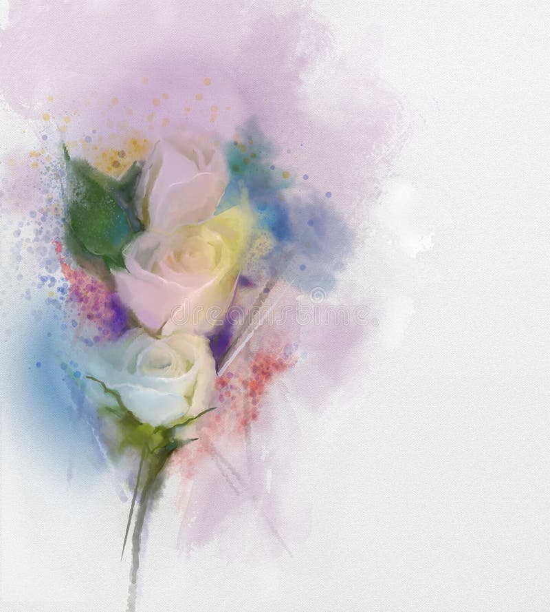 White Roses Flowers Painting in Pastel Color with Light Pink-yellow and ...