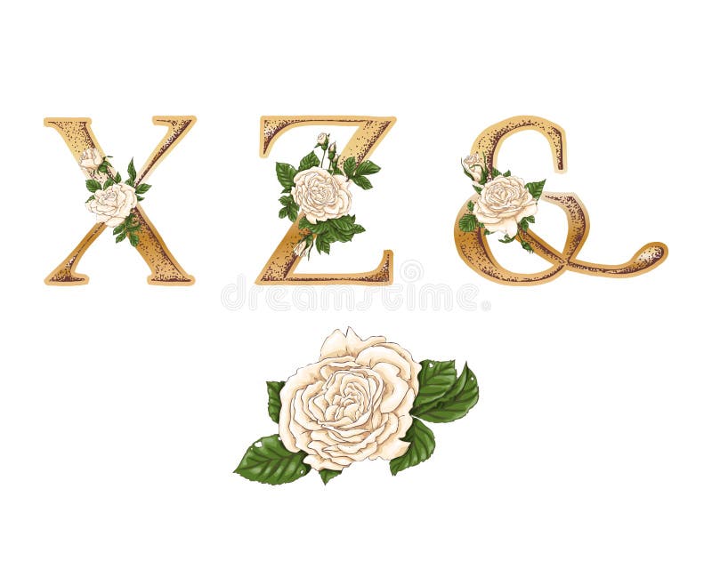 White Roses Gold Letters. Hand Draw. Vector Alphabet Stock Illustration