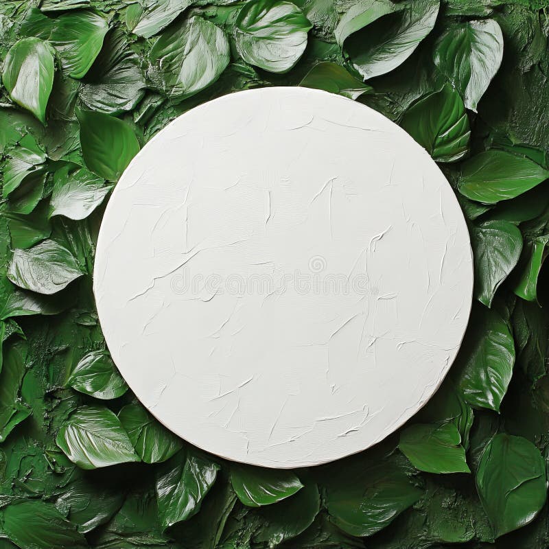 White round frame with green leaves on a green background. 3d rendering royalty free illustration