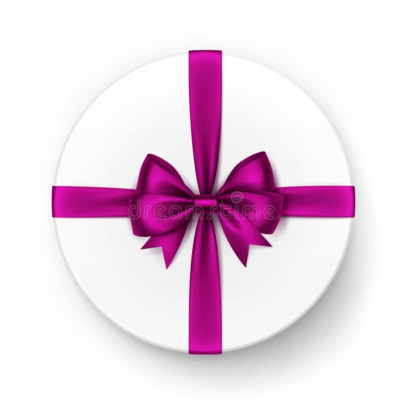 White Round Gift Box with Shiny Magenta Dark Pink Purple Satin Bow and Ribbon Top View on White Background