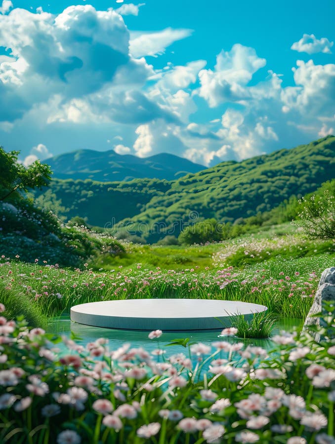 A white round table in the middle of a field of flowers stock photo