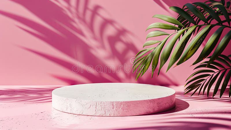 A white round table with palm leaves on a pink background royalty free stock photography