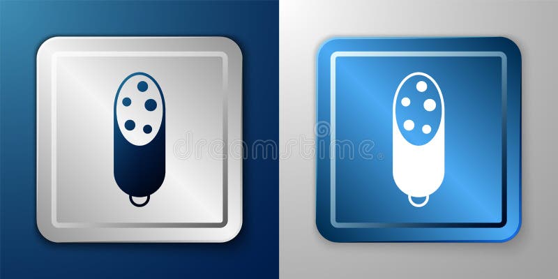 White Salami sausage icon isolated on blue and grey background. Meat delicatessen product. Silver and blue square button. Vector.