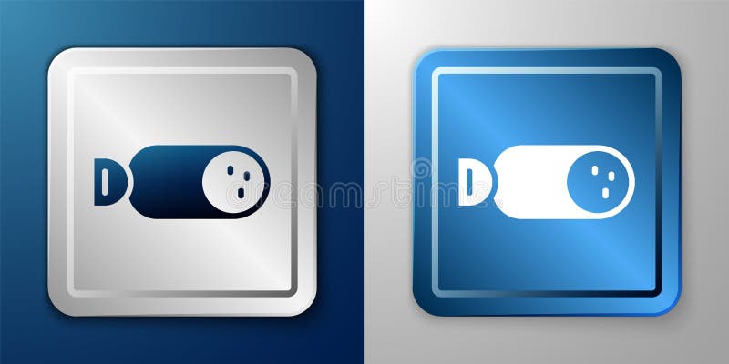 White Salami sausage icon isolated on blue and grey background. Meat delicatessen product. Silver and blue square button. Vector.