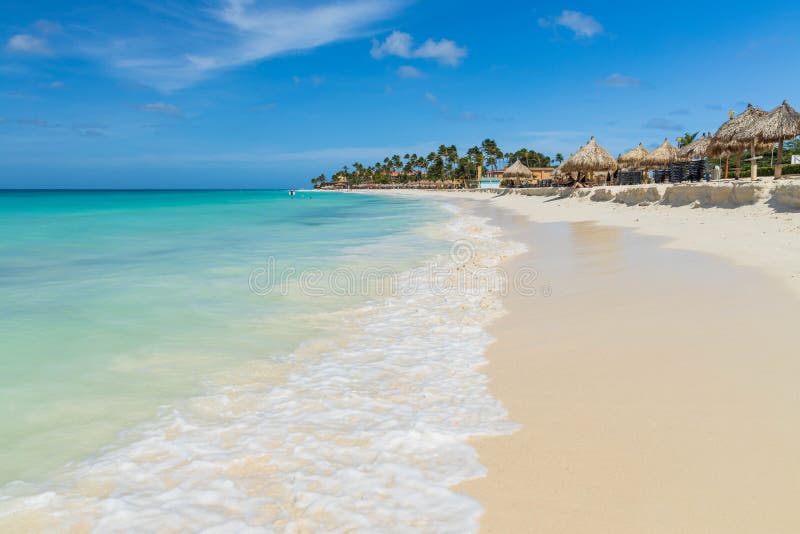 White sand beach and turquoise water  ocean on green palm trees and blue sky background. Aruba.