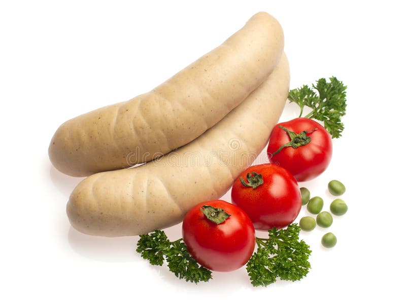 White sausage with tomato, parsley and pea