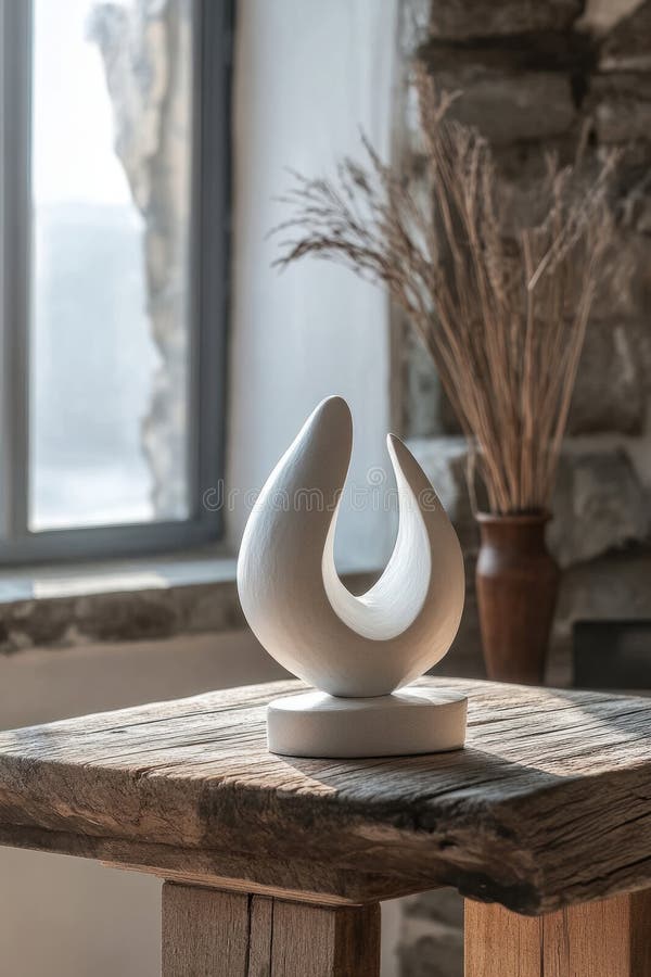 White Sculpture, A modern, pure white sculpture placed on a rustic wooden table, showcasing a captivating design that adds vector illustration