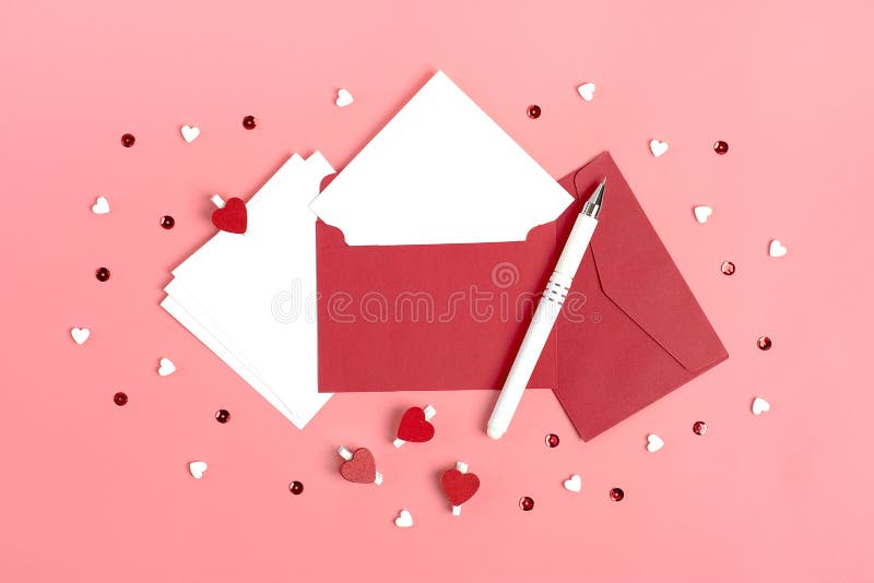 Love letter. white card with red paper envelope mock up Stock Photo