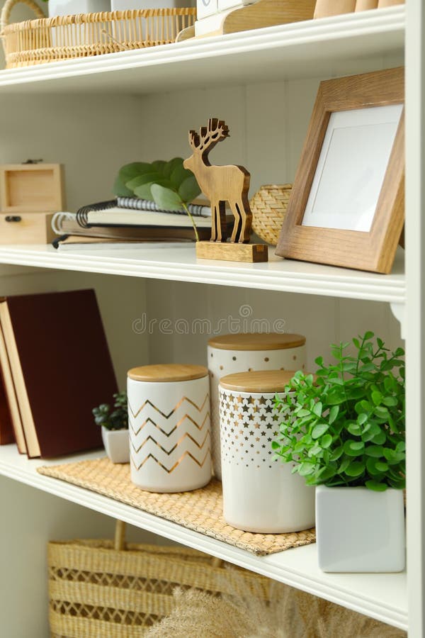 White Shelving Unit with Decorative Elements Stock Image Image of