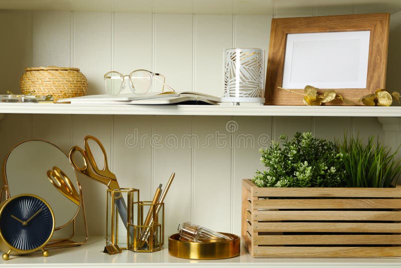 White Shelving Unit with Decorative Elements Stock Image Image of
