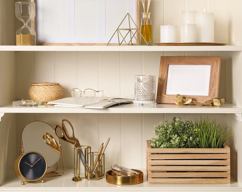 White Shelving Unit with Decorative Elements Stock Photo Image of