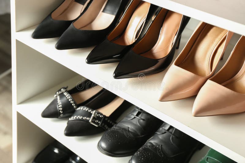 White Shelving Unit with Leather Shoes Stock Photo Image of