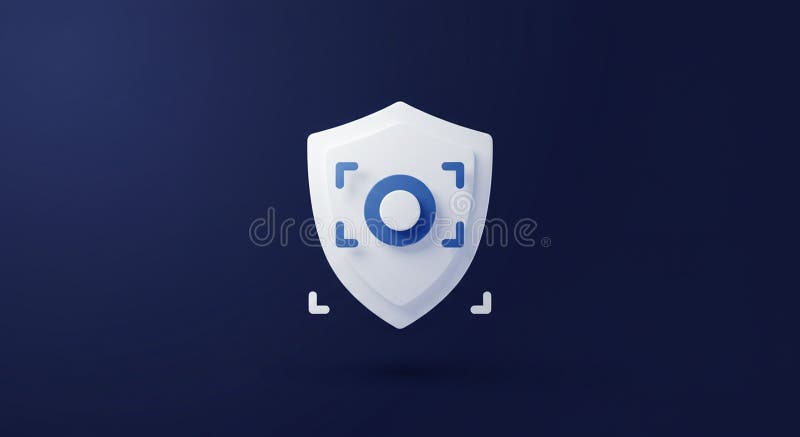 A white shield icon is set against a dark blue background. The shield features a blue royalty free illustration
