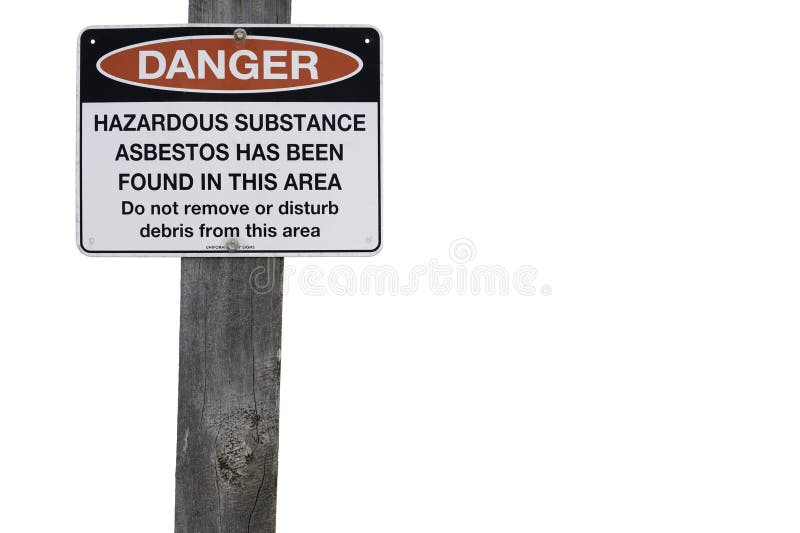 White sign on wooden post warning of asbestos danger