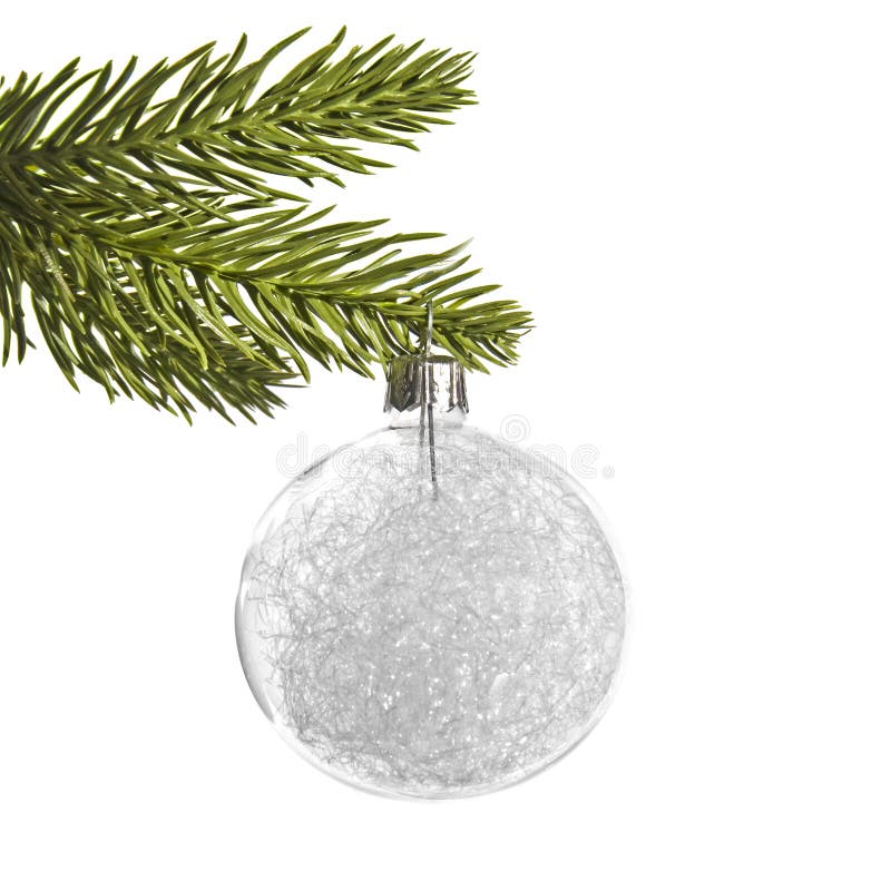 White silver Christmas ball, hanging from a pine tree branch