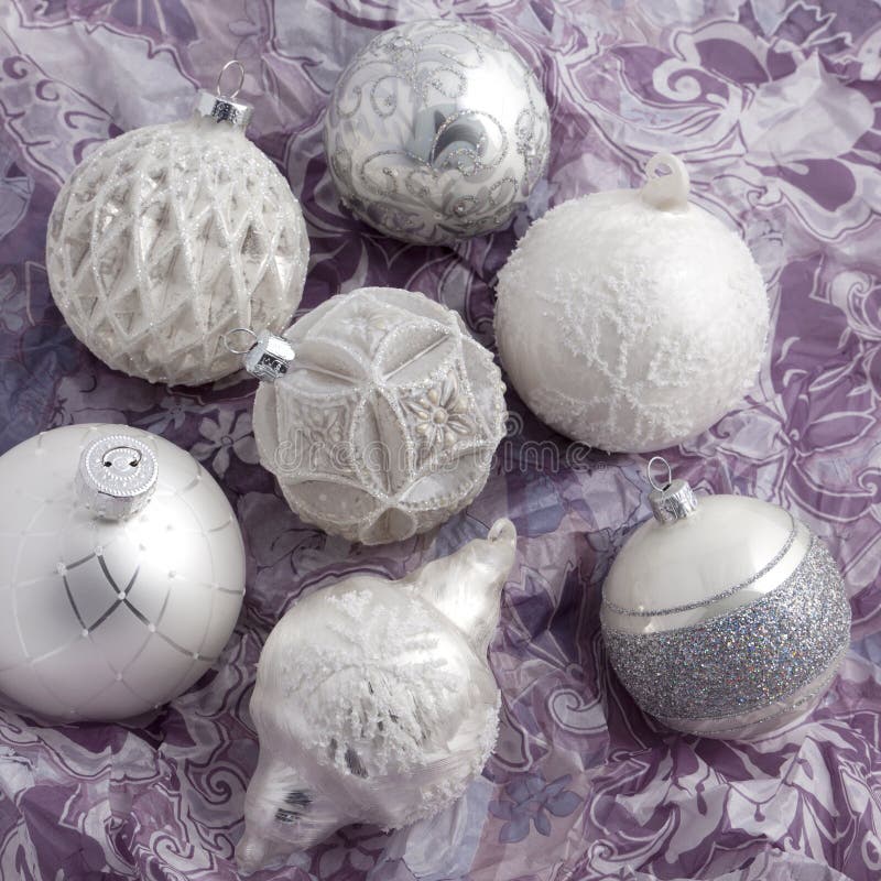White and Silver Christmas Balls on Wrapping Paper Stock Image Image
