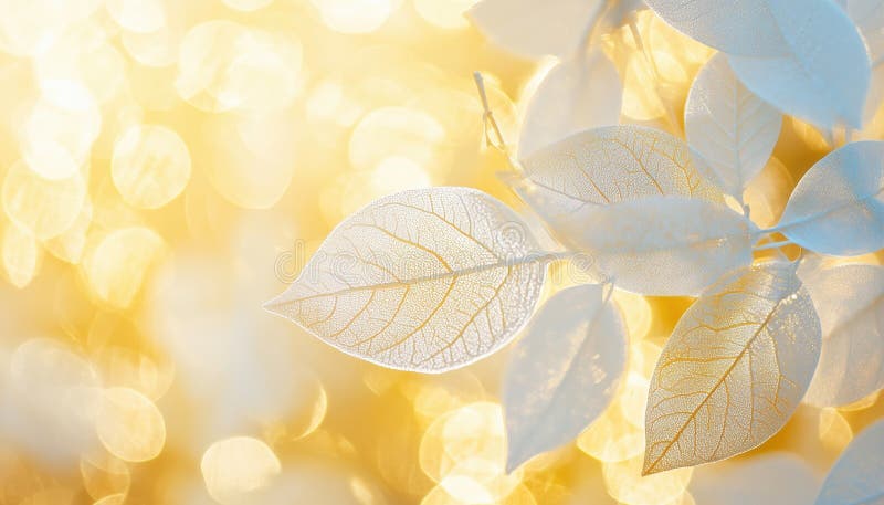 White Skeleton Leaves Adorned With Delicate Ure On A Golden Shiny Abstract Blurred Close-Up Macro royalty free stock images