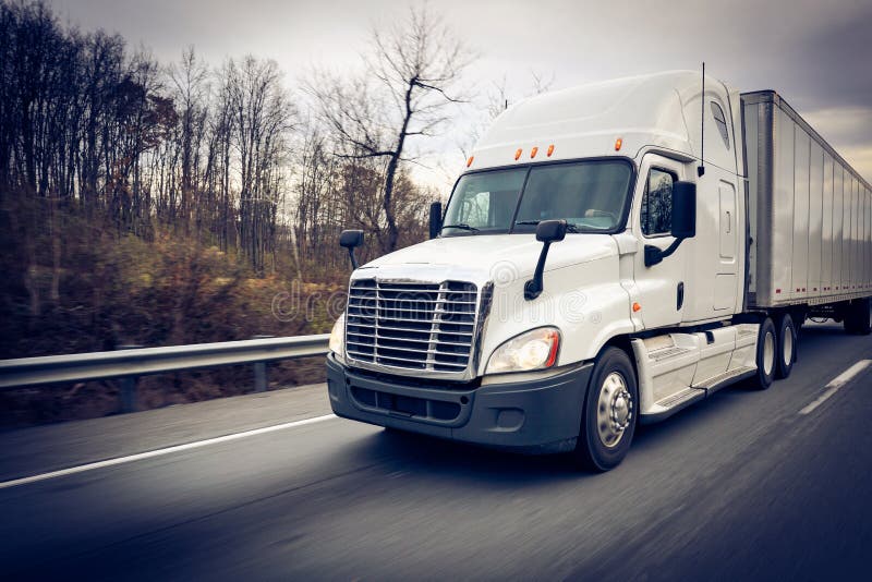 White Sleeper 18 Wheeler Truck on Highway Stock Image - Image of