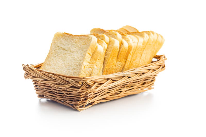 White sliced toast bread in basket isolated on white background
