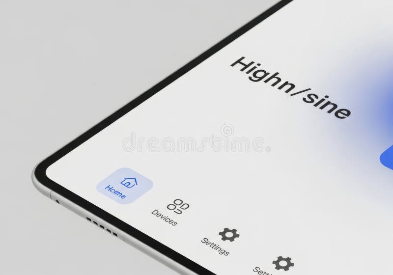 A white smartphone the Highn sine app interface with for Home, Devices, and Settings on a light blue background. The screen a clean, minimalist with a sleek, modern look. Application sine illustrations