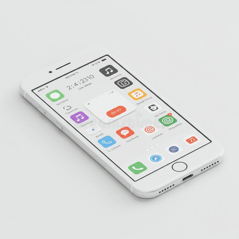 A white smartphone with a sleek design, featuring a touchscreen displaying multiple colorful app icons. stock illustration