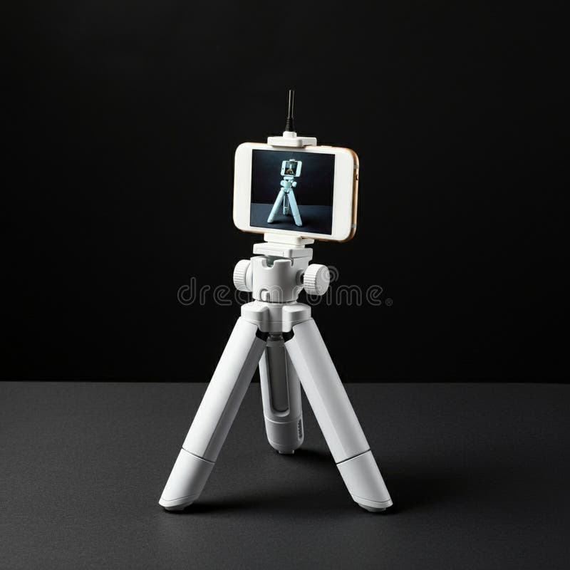 A white smartphone tripod holds a phone displaying an image of the setup itself royalty free illustration
