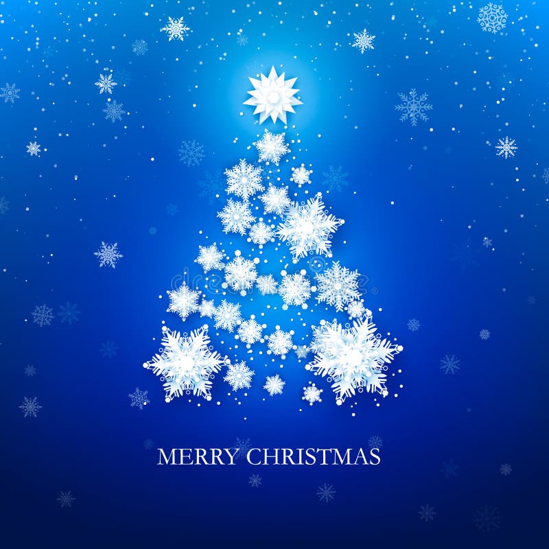 White snowflake Christmas tree on blue background. Christmas greeting card. Vector illustration