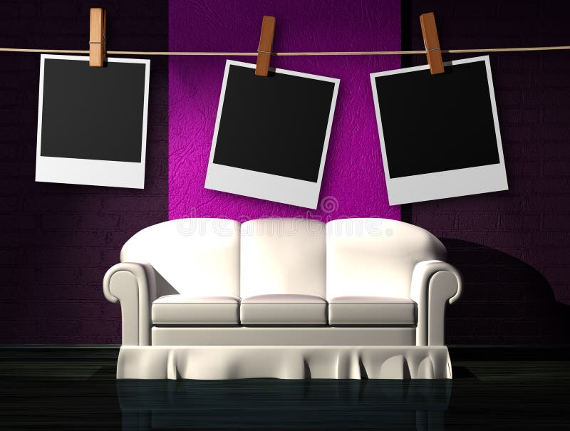 White sofa with instant photos frames on the rope