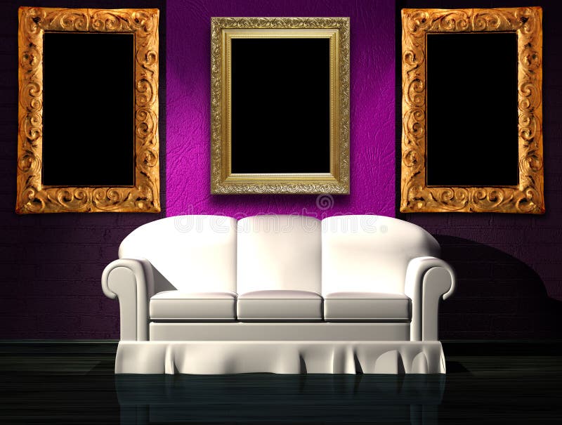 White sofa with purple part of the wall and frames