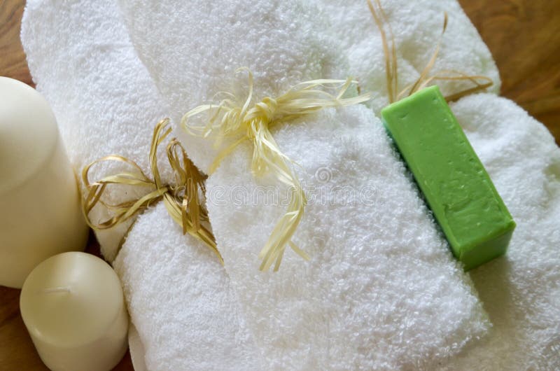 White SPA Towels In A Set With Accessories For The Bath Stock Photo