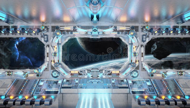 White spaceship interior with glowing blue and red lights. Futuristic spacecraft with large window view on planets in space. 3D