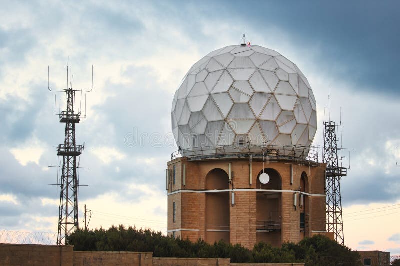 A White Spherical Aviation Radar Mounted on the Top of a Tower Stock