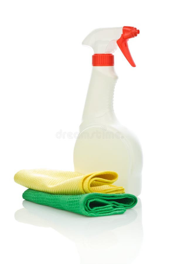 White spray bottle and two kitchen napkin