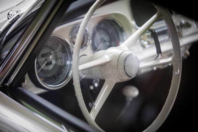 White Steering Wheel of an Old Classic Car Stock Photo Image of