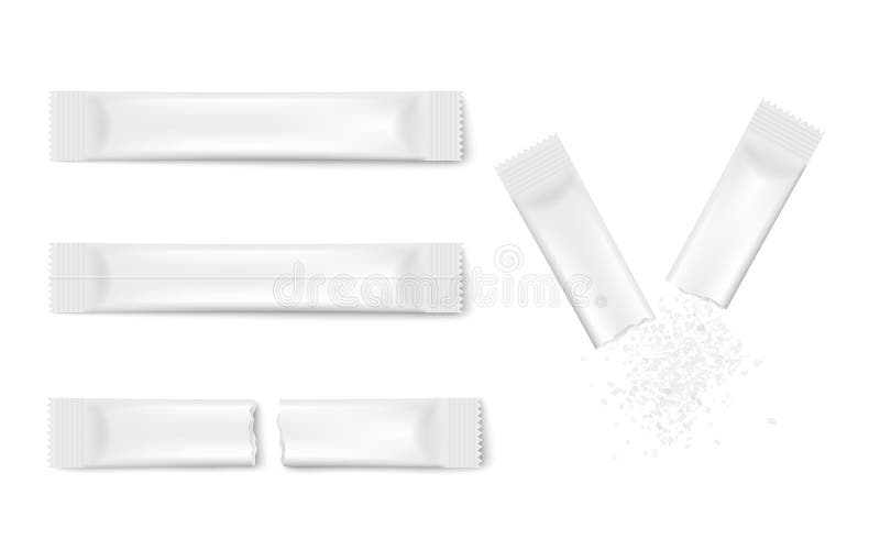 White stick pack mockup template set - realistic blank sugar packets stock illustration