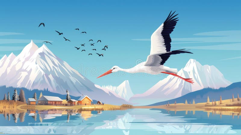 A white stork cartoon shows a beautiful bird flying in a bright blue sky above a natural winter landscape and a lake with cottages along the shore. Ornithology, wildlife modern illustration.. AI generated