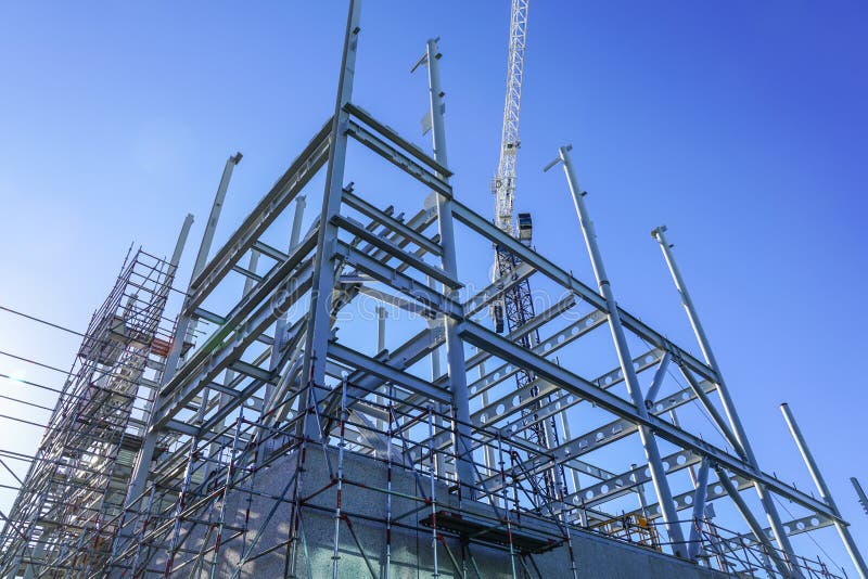 Structural steel framework for new building.