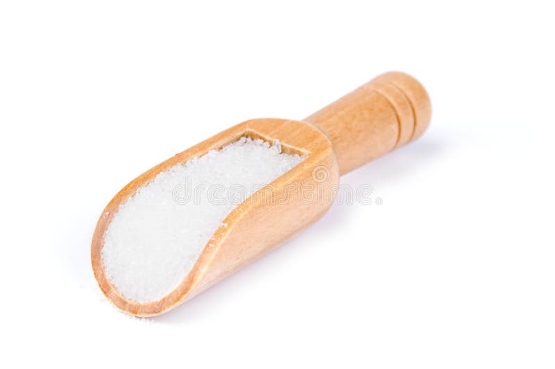 White sugar in wooden scoop isolated on white background