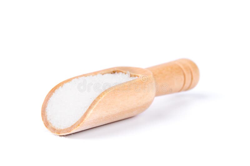 White Sugar in Wooden Scoop Isolated on White Background Stock Photo